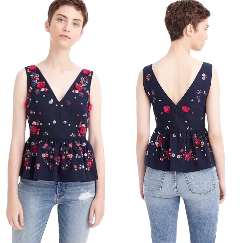 J. Crew Blue Hand Embellished Sequin Linen Blend Sleeveless Peplum Top 4
